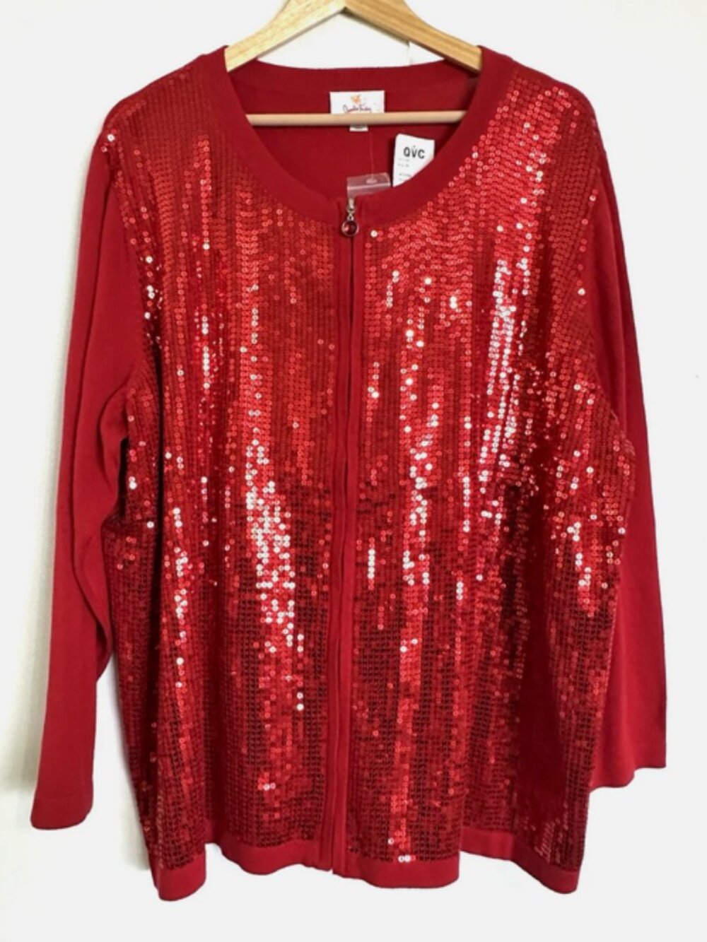 QUACKER FACTORY Red Sequin Cardigan Sweater Top NWT Size 3X Plus 54" Bust Jacket